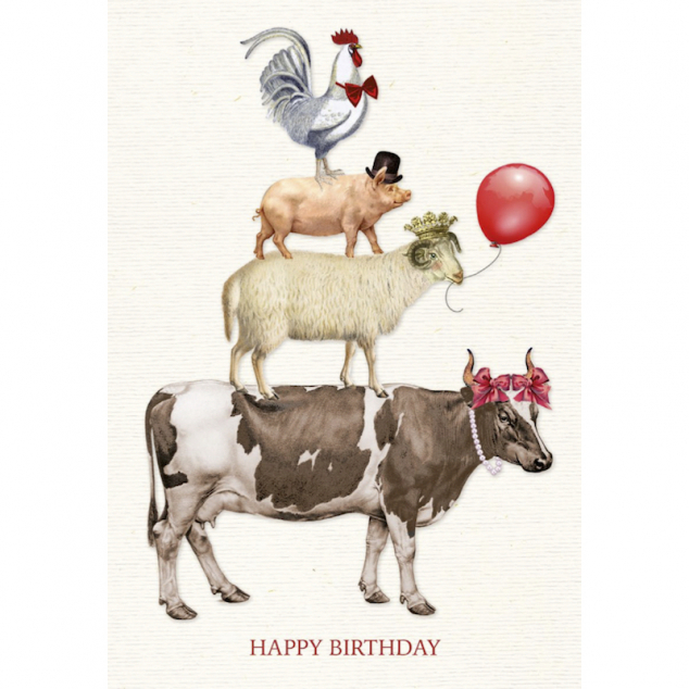 Wenskaart Een stapel Dieren wenst je Happy Birthday. 