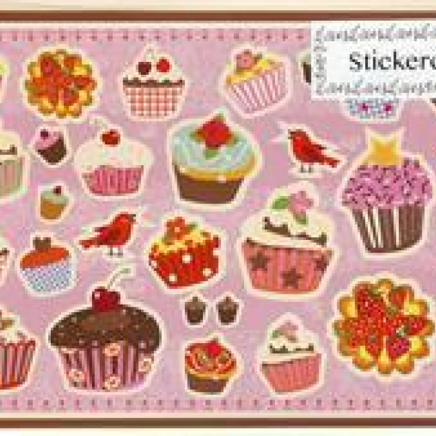 Ansichtstickerkaart met heel veel cupcakes. 